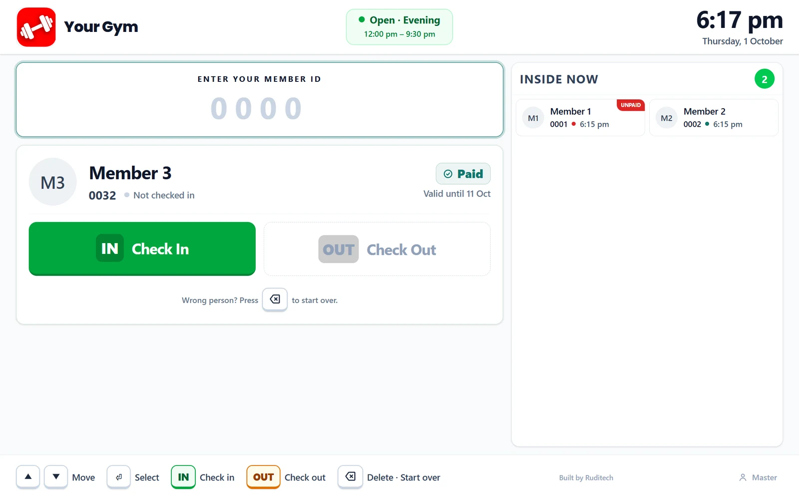 Gym Manager check-in screen